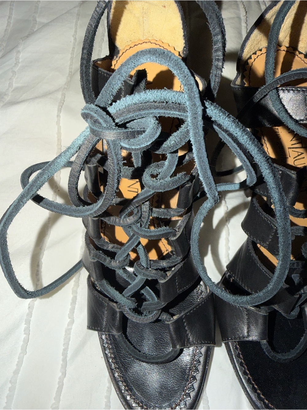 Yves Saint Laurent Black Suede Strappy Sandals with Tan Insole - Picture 3 of 6